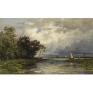 Jan Willem van Borselen - An Angler In A Polder Landscape, A Windmill In The Distance