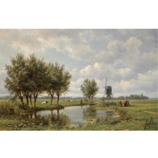 Jan Willem van Borselen - Dutch A Peasant Family On A Path Along A Waterway