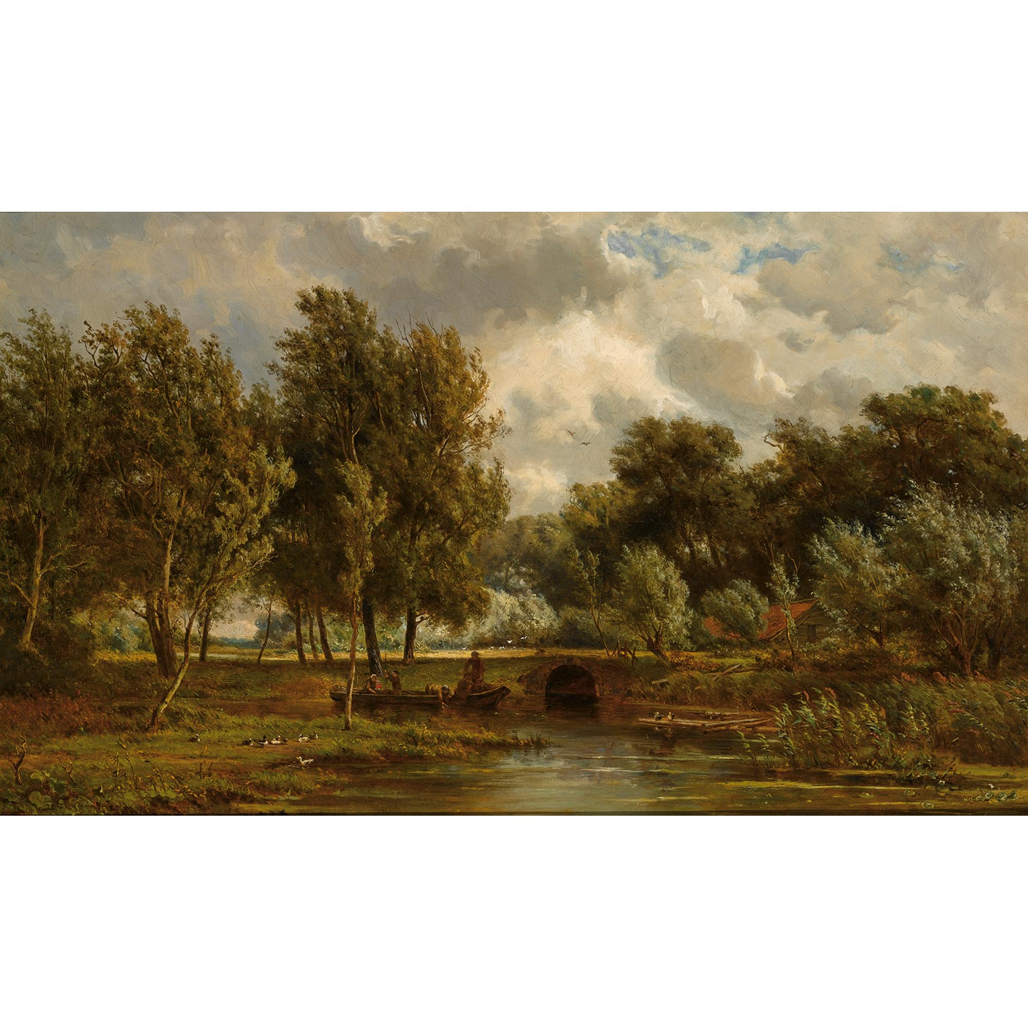 Jan Willem van Borselen - Figures On A Boat In A Summer Landscape