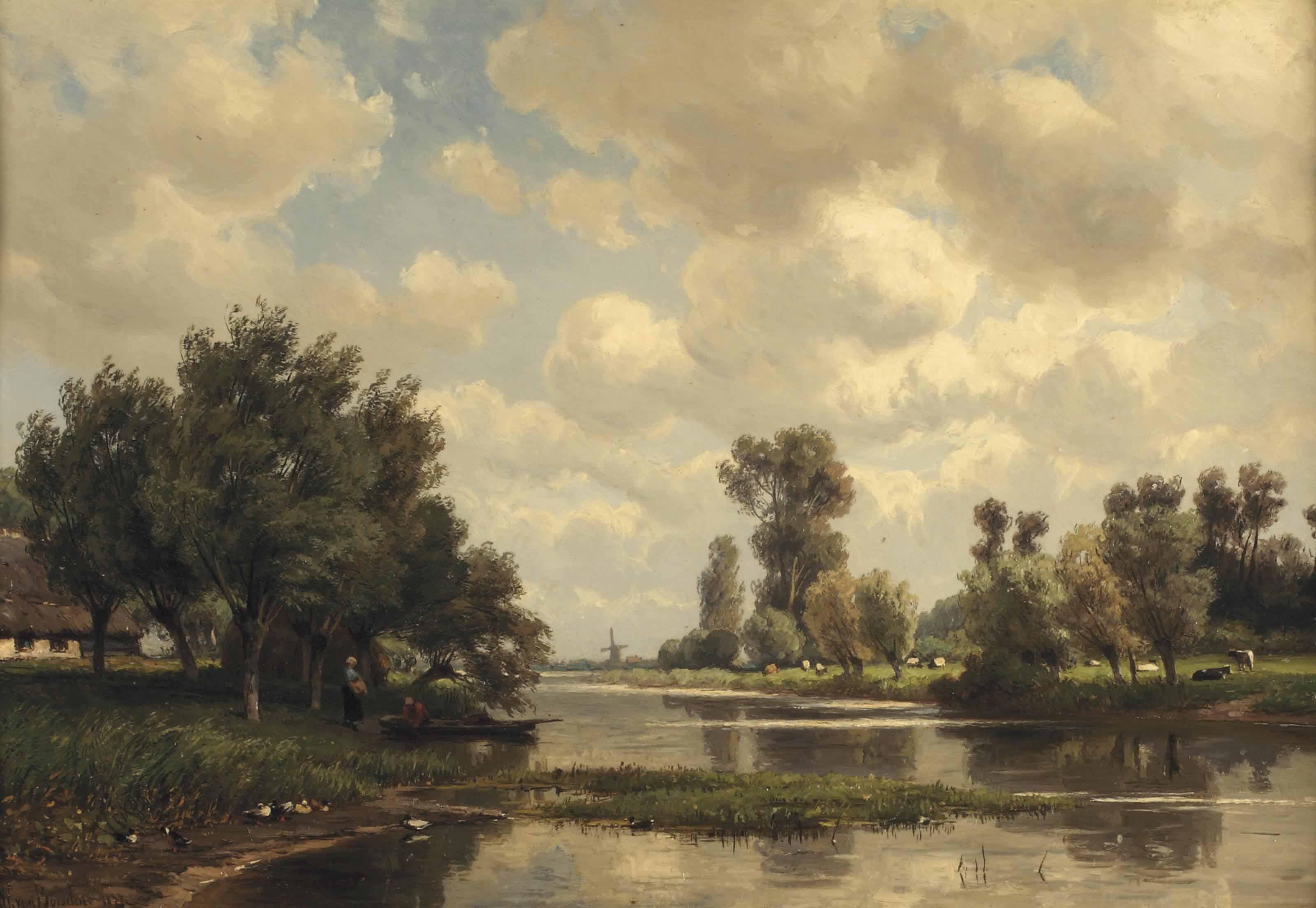 Jan Willem Van Borselen - Loading A Boat On A Riverbank Near A Farm