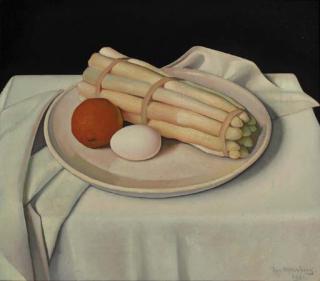 Jan Wittenberg - A still life with asparagus, an orange and an egg on a plate