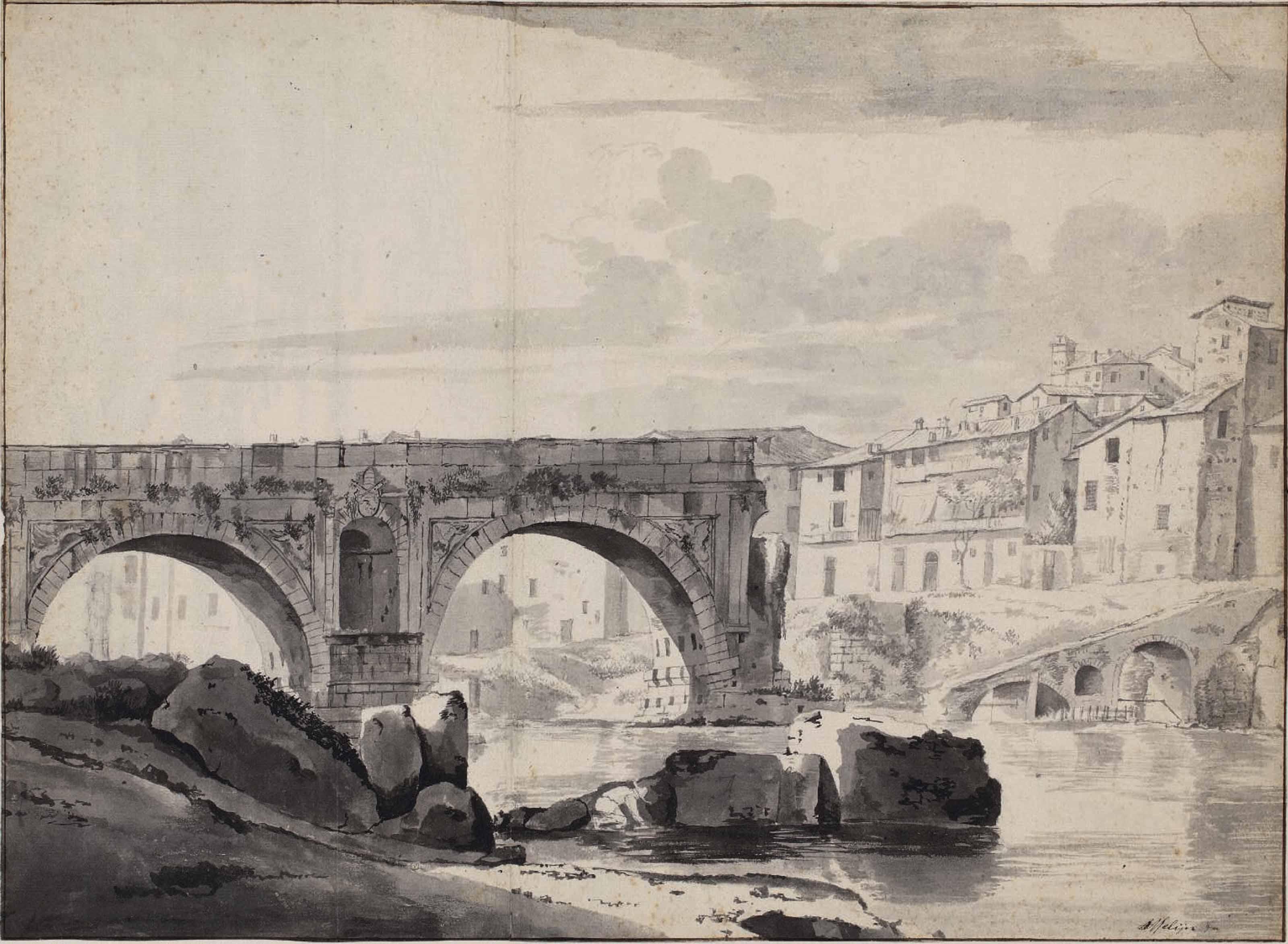 Jan Worst - View of the Ponte Rotto in Rome (recto); View of the Ponte dei Quattro Capi or Ponte Fabricio over the Tiber (verso)