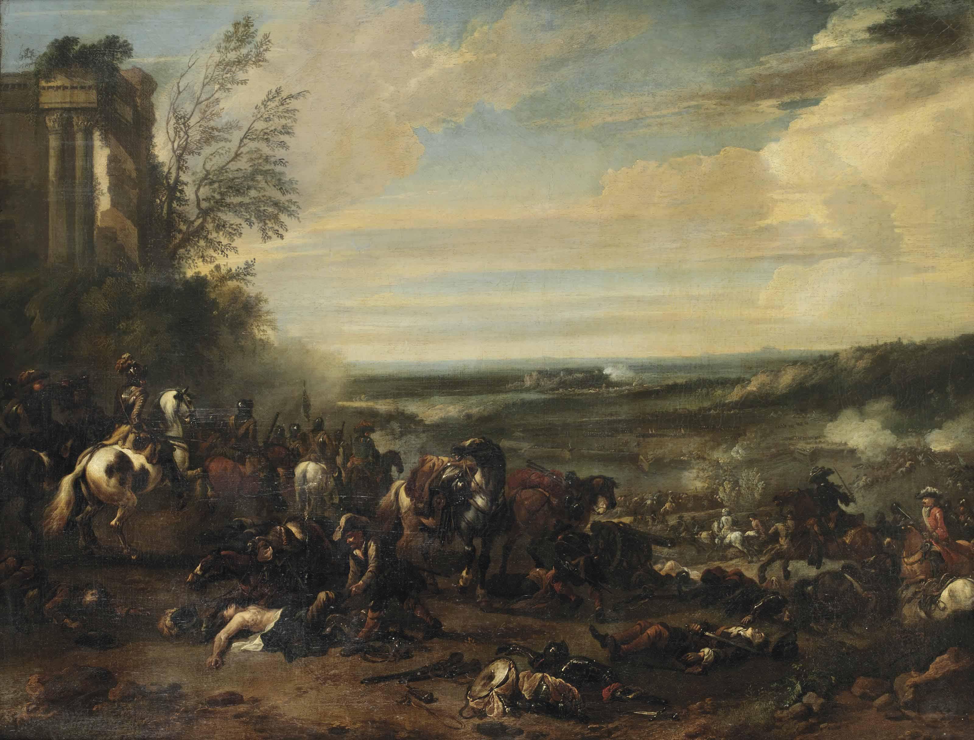 Jan Wyck - A Battle Scene With A Sieged Town Beyond