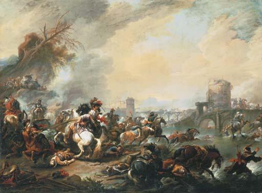 Jan Wyck - A calvary skirmish by a river, a fortress beyond