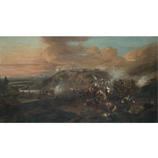Jan Wyck - A Cavalry Battle In A Valley Beneath A Fortified City