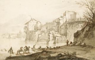Jan Wyck - River Landscape: Figures At A Ferry Landing Below A Ruined Bridge