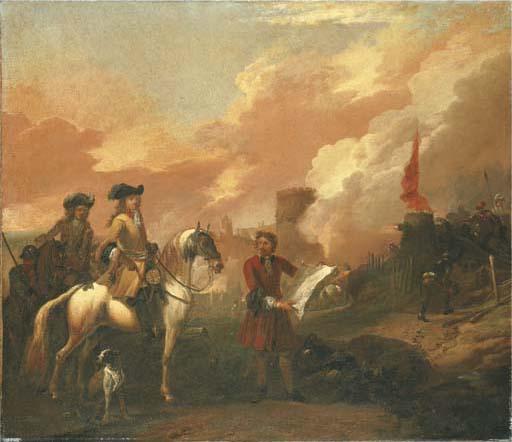 Jan Wyck - Two cavalry officers surveying the bombardment of a castle