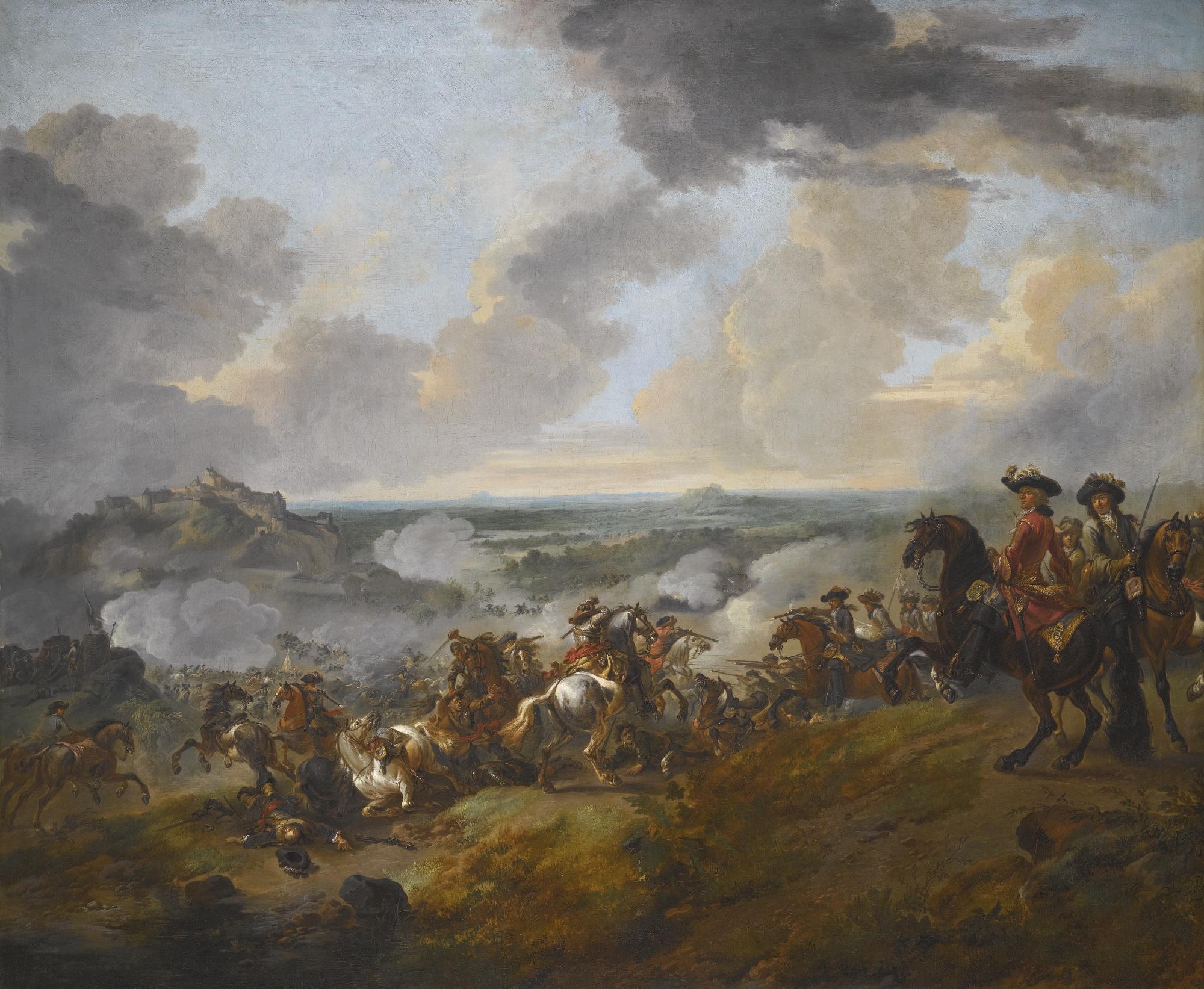 Jan Wyck - Two Generals Looking Out Over A Battle Taking Place On A Slope By A Hilltop Castle, A Wide Plain In The Distance