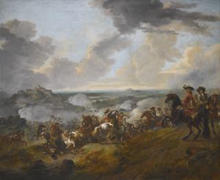Jan Wyck - Two Generals Looking Out Over A Battle Taking Place On A Slope By A Hilltop Castle, A Wide Plain In The Distance