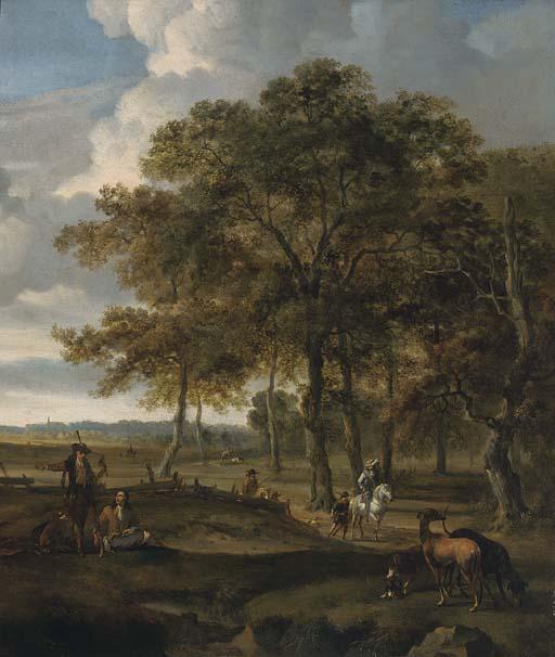 Jan Wynants - A landscape with a hawking party and hare coursing