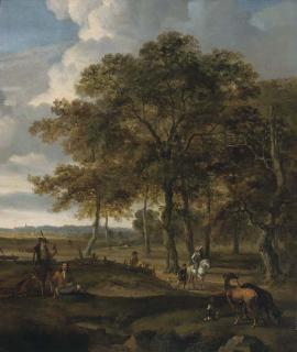 Jan Wynants - A landscape with a hawking party and hare coursing