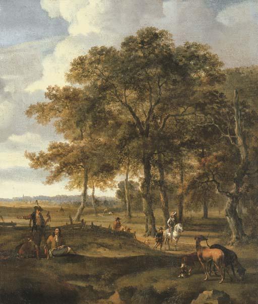 Jan Wynants - A landscape with a hawking party and hare coursing