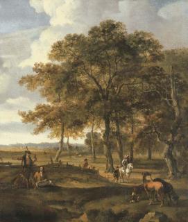 Jan Wynants - A landscape with a hawking party and hare coursing
