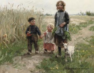 Jan Zoetelief Tromp - Children Walking Through A Meadow