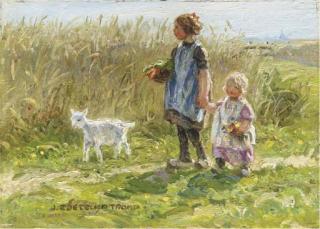 Jan Zoetelief Tromp - The pet goat: children taking a walk in summer