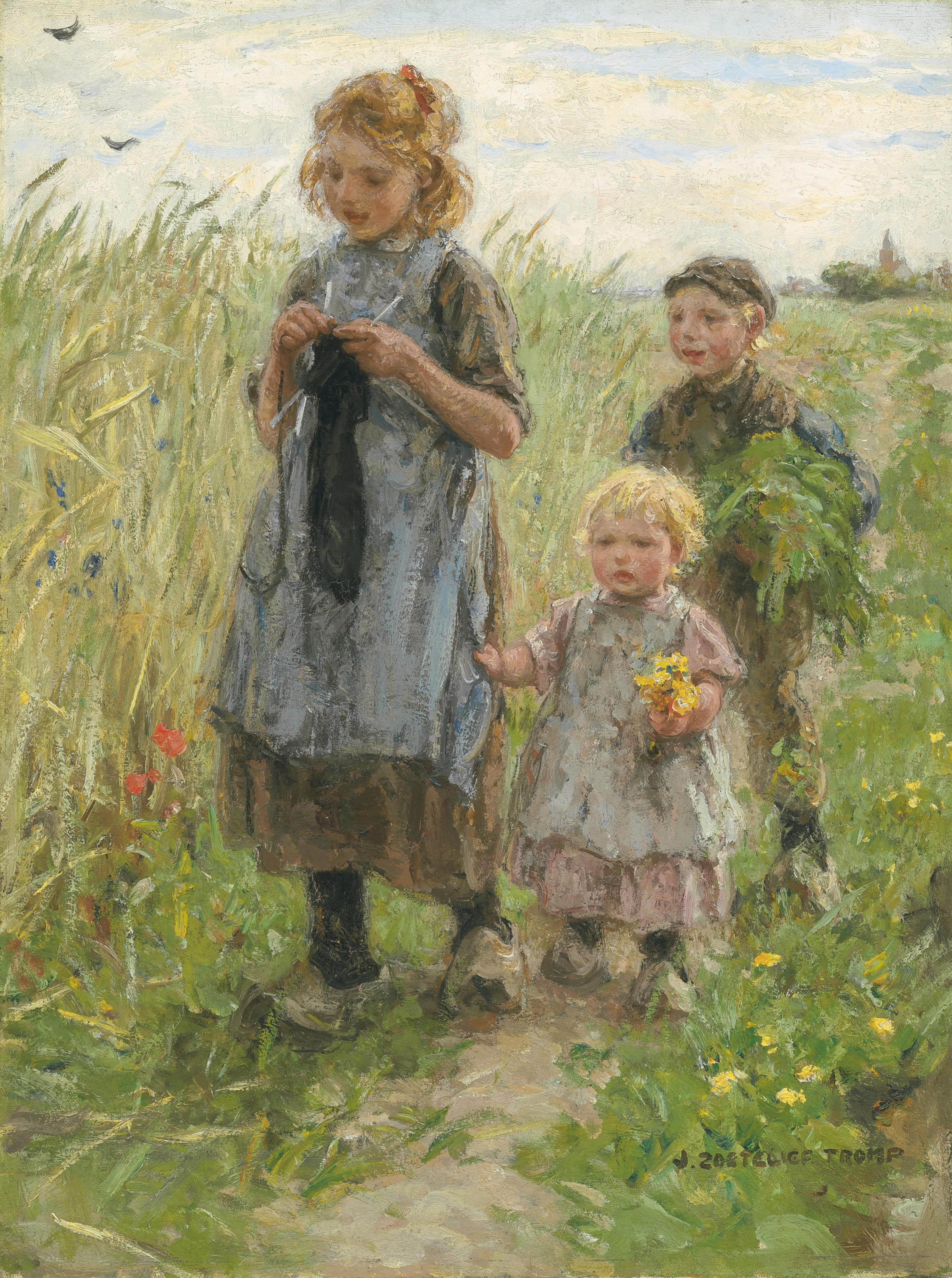 Jan Zoetelief Tromp - Three Children Walking in a Field
