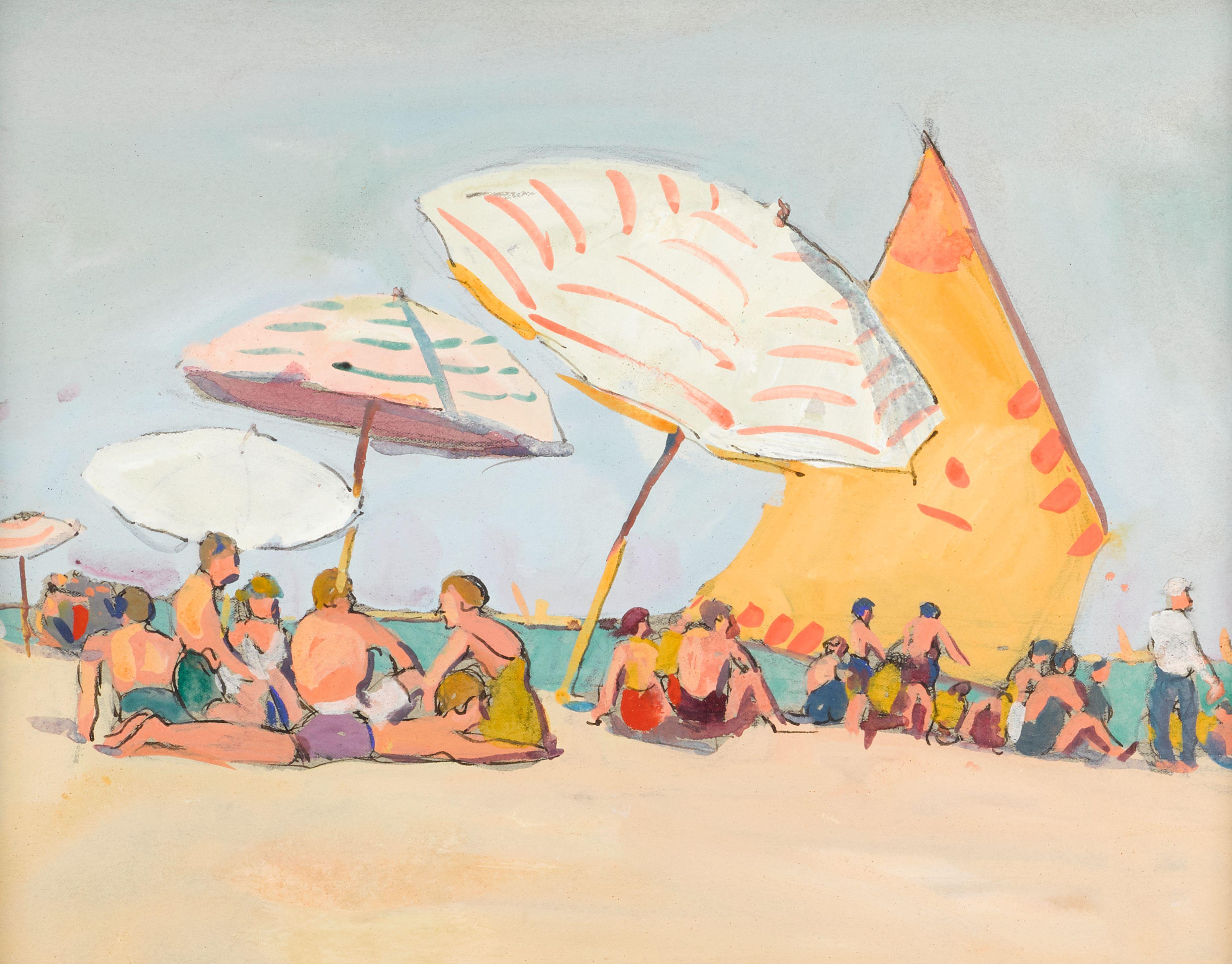 Jane Peterson - Beach Scene with Yellow and Orange Sail