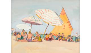 Jane Peterson - Beach Scene with Yellow and Orange Sail