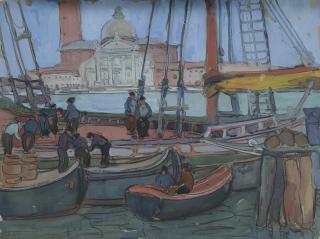 Jane Peterson - Boats Unloading By A Dock, Venice