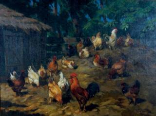Janos Viski - Roosters in the farmyard