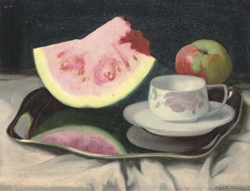 János Z. Molnár - A Watermelon, Apple, Cup And Saucer On A Silver Platter