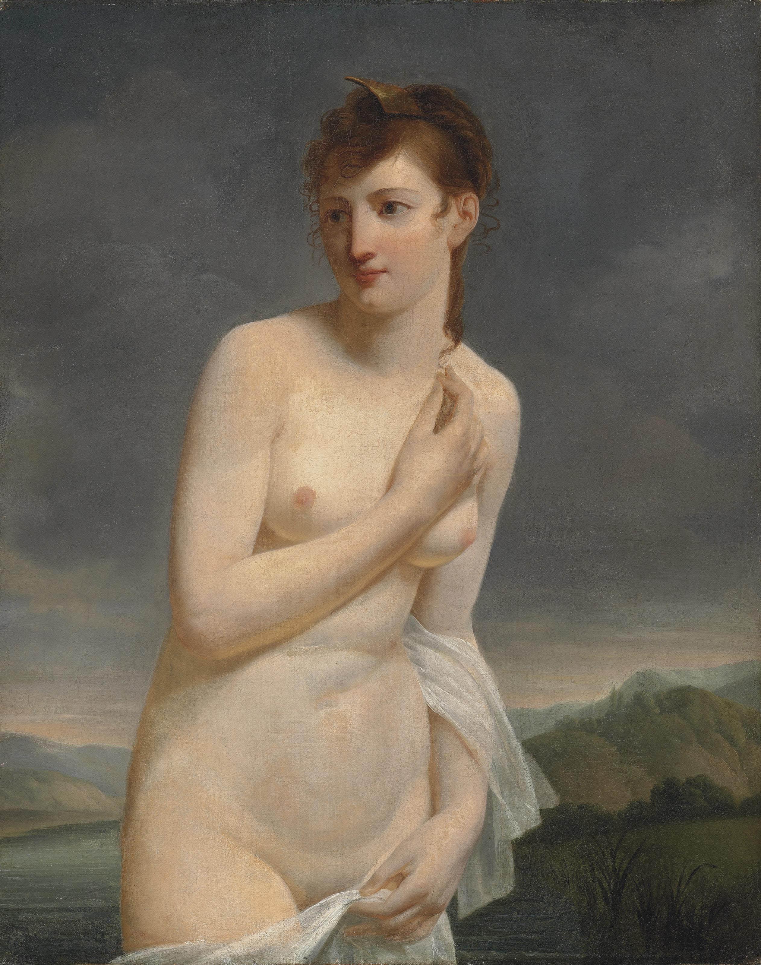 Jaques Antoine Vallin - A female bather, in an extensive river landscape