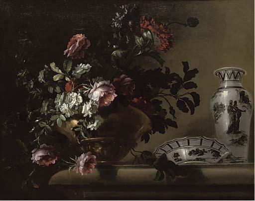 Jaques-Charles Dutillieu - Red and white roses in a brass urn with a porcelain bowl and vase on a stone ledge