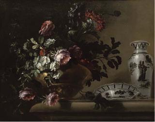 Jaques-Charles Dutillieu - Red and white roses in a brass urn with a porcelain bowl and vase on a stone ledge