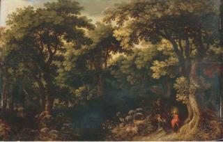 Jaspar van der Lanen - A Wooded Landscape With Christ Tempted By The Devil