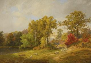 Jasper Francis Cropsey - Autumn Landscape With Shepherd, Dog And Sheep