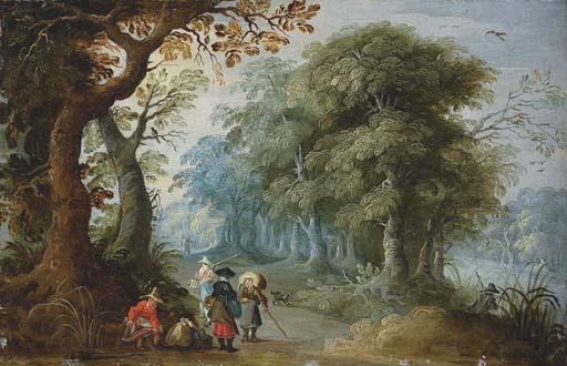 Jasper Van Der Lanen - A wooded landscape with travellers on a track