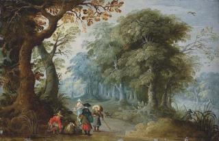 Jasper Van Der Lanen - A wooded landscape with travellers on a track