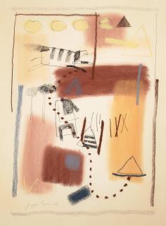 Jaune Quick-To-See Smith - untitled (abstract landscape composition with figure, tipis and horse)