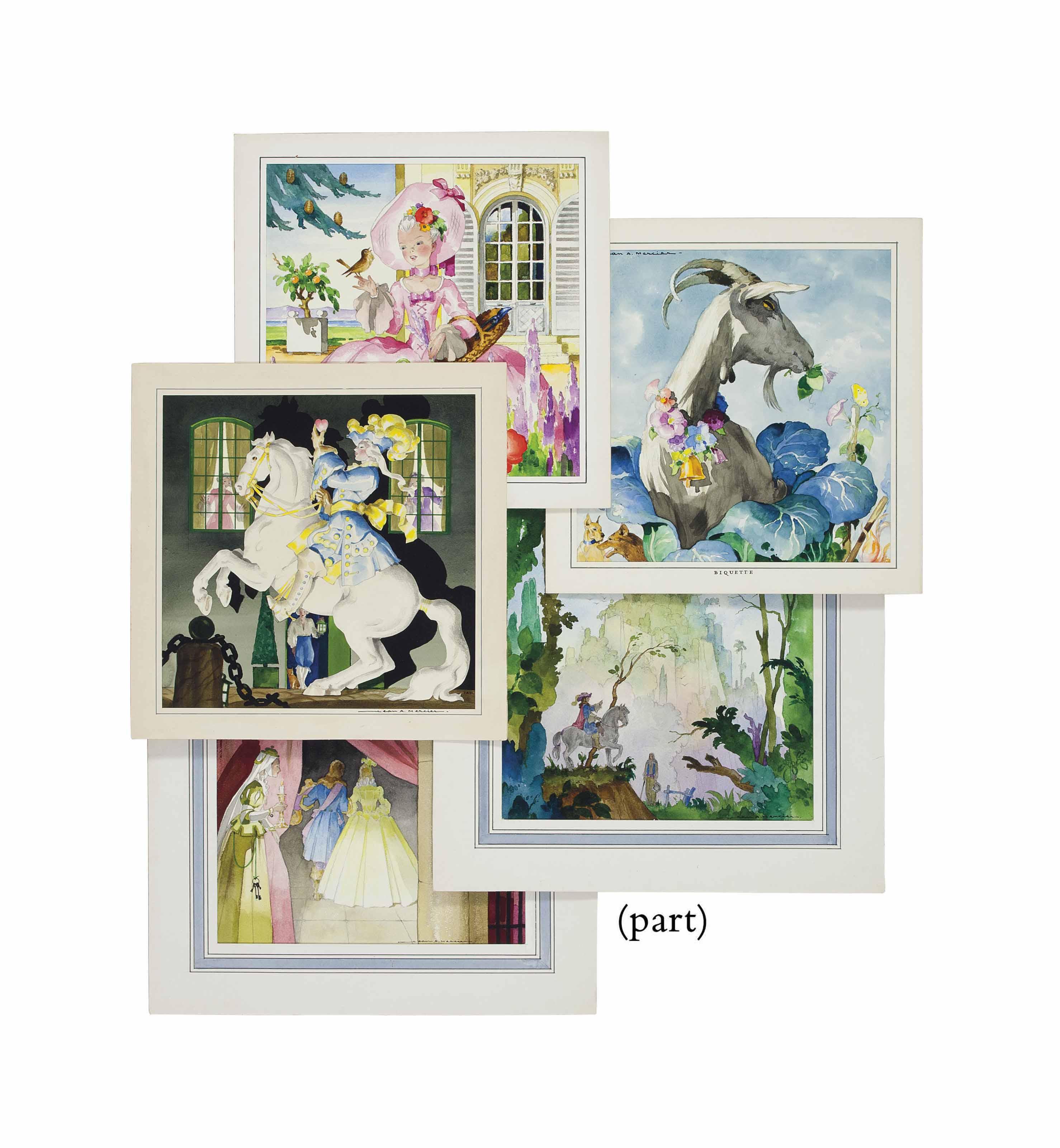 Jean A Mercier - A group of watercolors including Christmas cards, landscapes, study of Paris, illustrations for Children\'s books, and sheet music