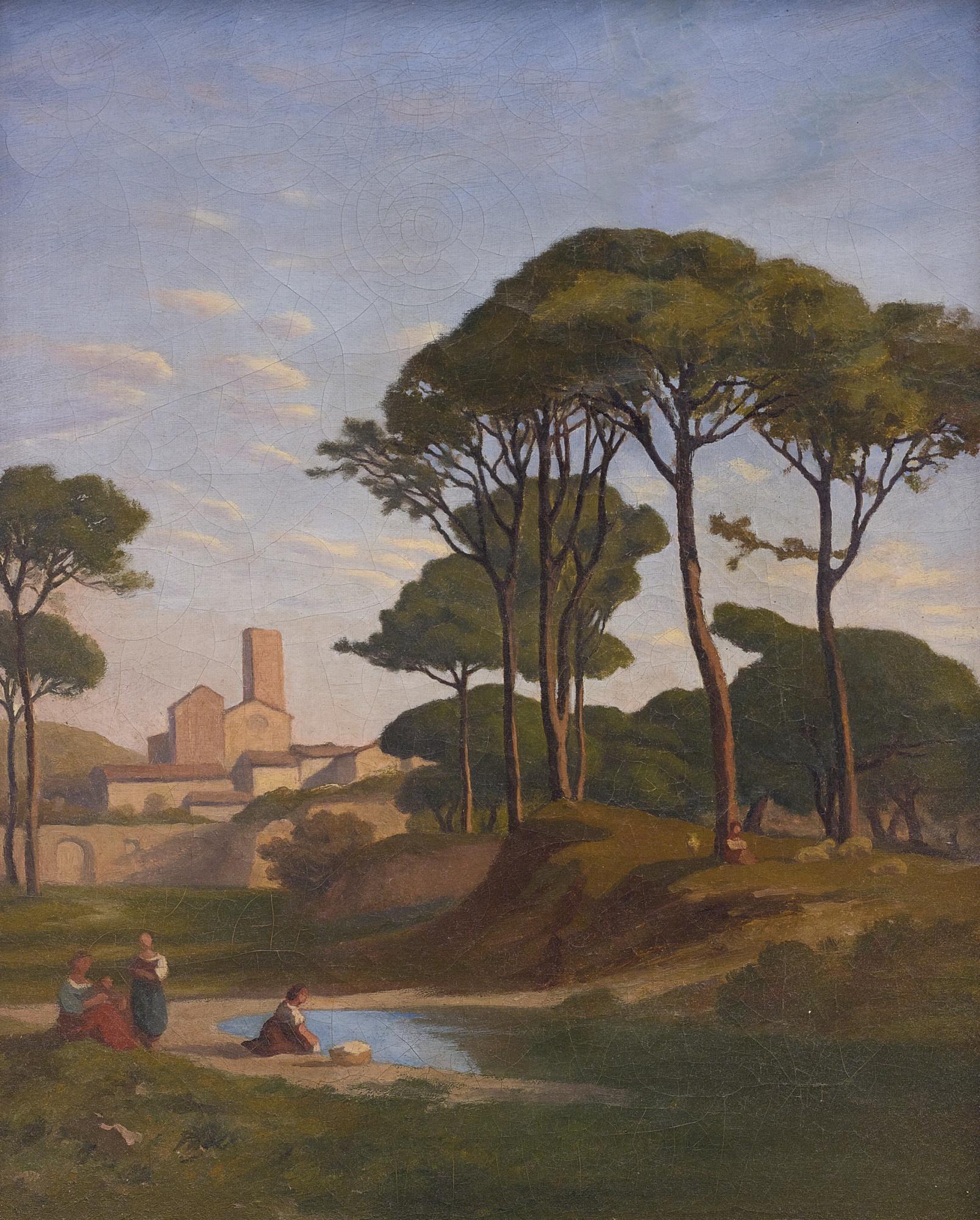 Jean Achille Benouville - Italianate Landscape With Figures Near A Stream