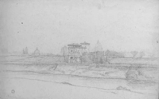 Jean-Achille Benouville - Quatre dessins de vue panoramiques de Rome avec le dôme de la basilique Saint-Pierre; et une vue des jardins de la Villa Borghese