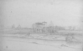 Jean-Achille Benouville - Quatre dessins de vue panoramiques de Rome avec le dôme de la basilique Saint-Pierre; et une vue des jardins de la Villa Borghese