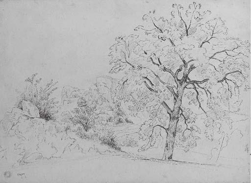 Jean-Achille Benouville - Un paysage avec des rochers au fond et un arbre au premier plan