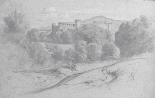 Jean-Achille Benouville - Une vue de la campagne romaine, avec des bâtiments au fond, un voyageur au premier plan