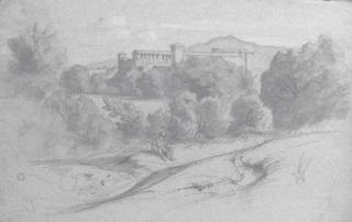 Jean-Achille Benouville - Une vue de la campagne romaine, avec des bâtiments au fond, un voyageur au premier plan