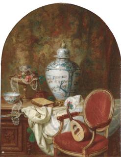 Jean Alexandre Remy Couder - An oriental urn and other decorative objects on an oak coffer beside a mandolin on a chair