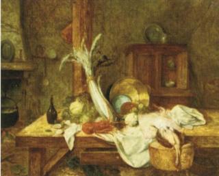 Jean Alexandre Rémy Couder - Still life with a lobster, a skate, poultry and vegetables on a kitchen table