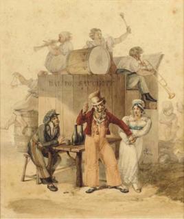 Jean-Alphonse Roehn - Un homme trinquant entraîné par une femme, un orchestre sur une estrade au second plan