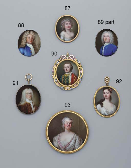 Jean André Rouquet - A Fine Enamel Miniature of A Gentleman, In Green Velvet Coat With Gold Lacing And Ermine-Bordered Red Cloak Draped Over Left Shoulder, Powdered Wig En Queue