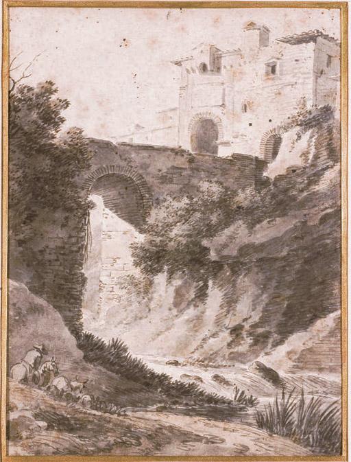 Jean-Antoine Constantin - Un paysage avec un pont enjambant une rivière près d\'un château, un berger et son troupeau au premier plan