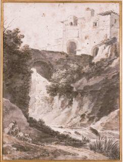 Jean-Antoine Constantin - Un paysage avec un pont enjambant une rivière près d\'un château, un berger et son troupeau au premier plan