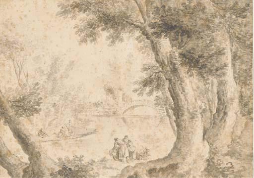 Jean-Antoine Constantin - Un paysage fluvial avec des blanchisseuses, un pont au fond
