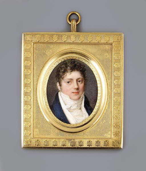 Jean-Antoine Laurent - A young gentleman, facing right in blue coat, white waistcoat and tied cravat, curly brown hair