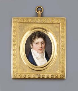 Jean-Antoine Laurent - A young gentleman, facing right in blue coat, white waistcoat and tied cravat, curly brown hair