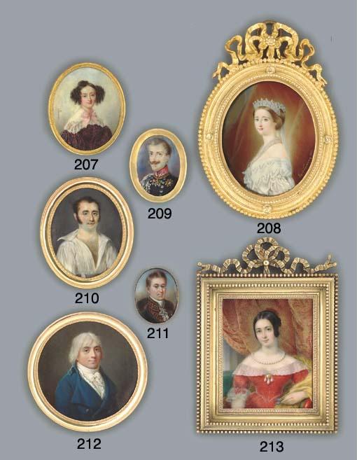 Jean-Antoine Laurent - Marquis de Chieza, in blue coat, blue and white spotted waistcoat and knotted white cravat, powdered hair